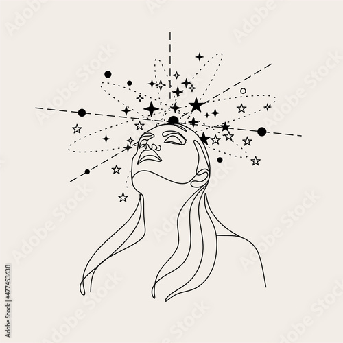 Beauty woman face with stars and cosmic universe. One-Line drawing art. Continuous line icon for spa salon or organic cosmetics logotype. Woman Face Line Vector 