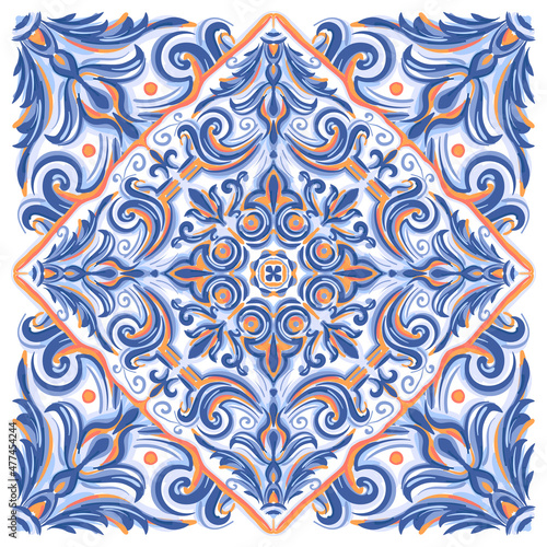 Azulejos - Portuguese tiles blue watercolor pattern. Traditional tribal ornament. Capri Maiolica. Delft Blue and White