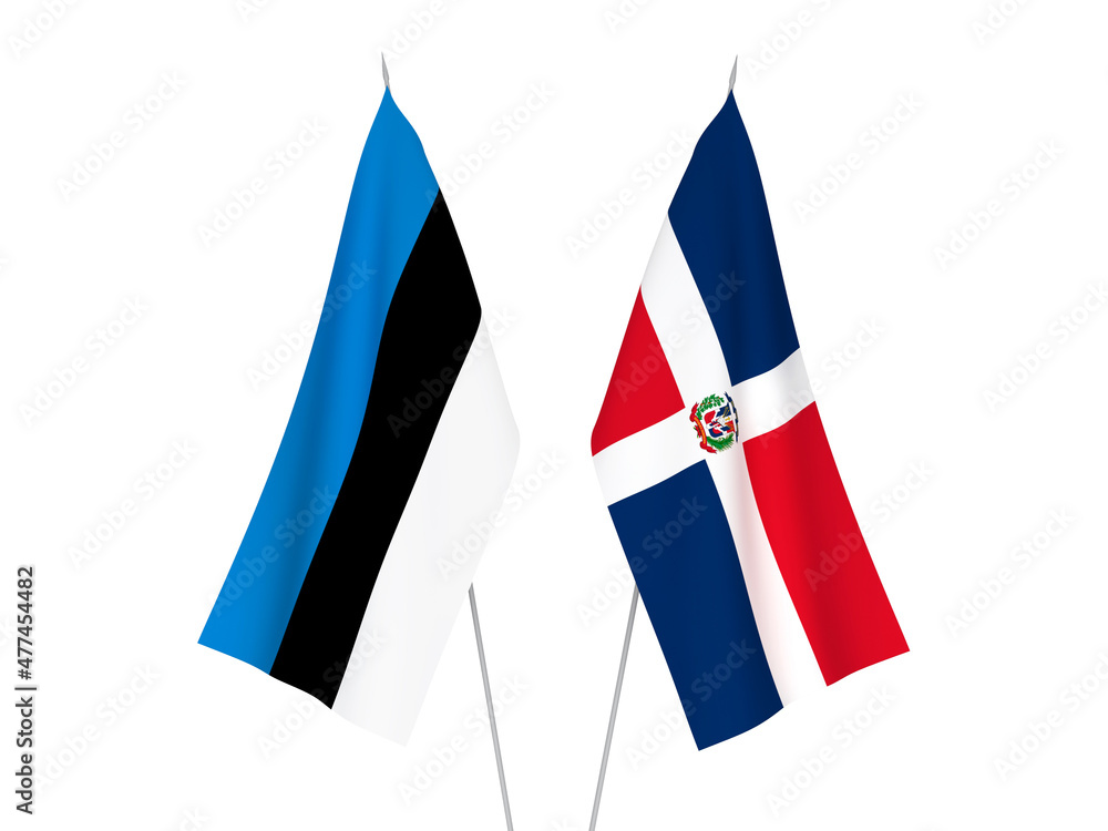 National fabric flags of Dominican Republic and Estonia isolated on white background. 3d rendering illustration. National fabric flags of Dominican Republic and Estonia isolated on white background. 3d rendering illustration.