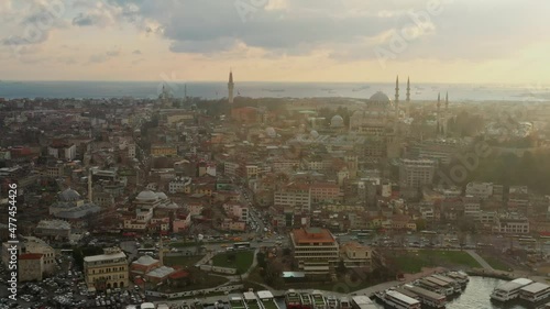 Aerial panoramic view of Fetih Sultan Ahmet area in Istanbul by sunset in winter photo