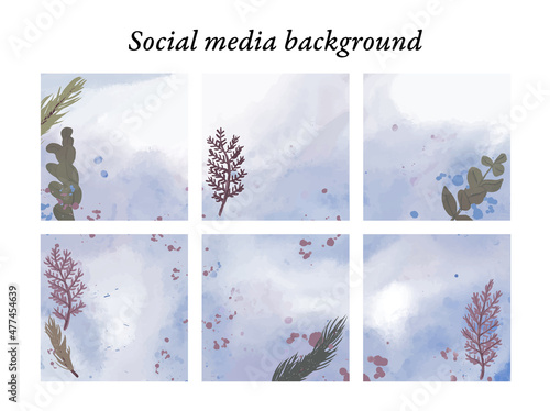 Plantillas de diseño para publicaciones en redes sociales de motivos otoñales de acuarela en tonos azules, con toques rosas, con espacio para texto e imágenes