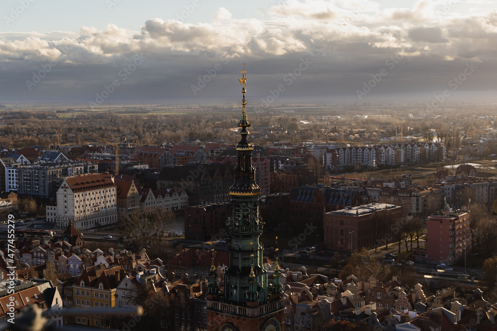 View of  th clock tower in Gdańsk at sunset