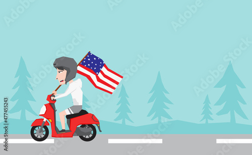 An illustration of a man riding scooter motorbike and holding an American flag