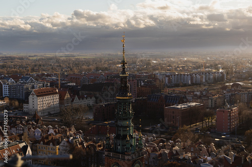 View of th clock tower in Gdańsk at sunset