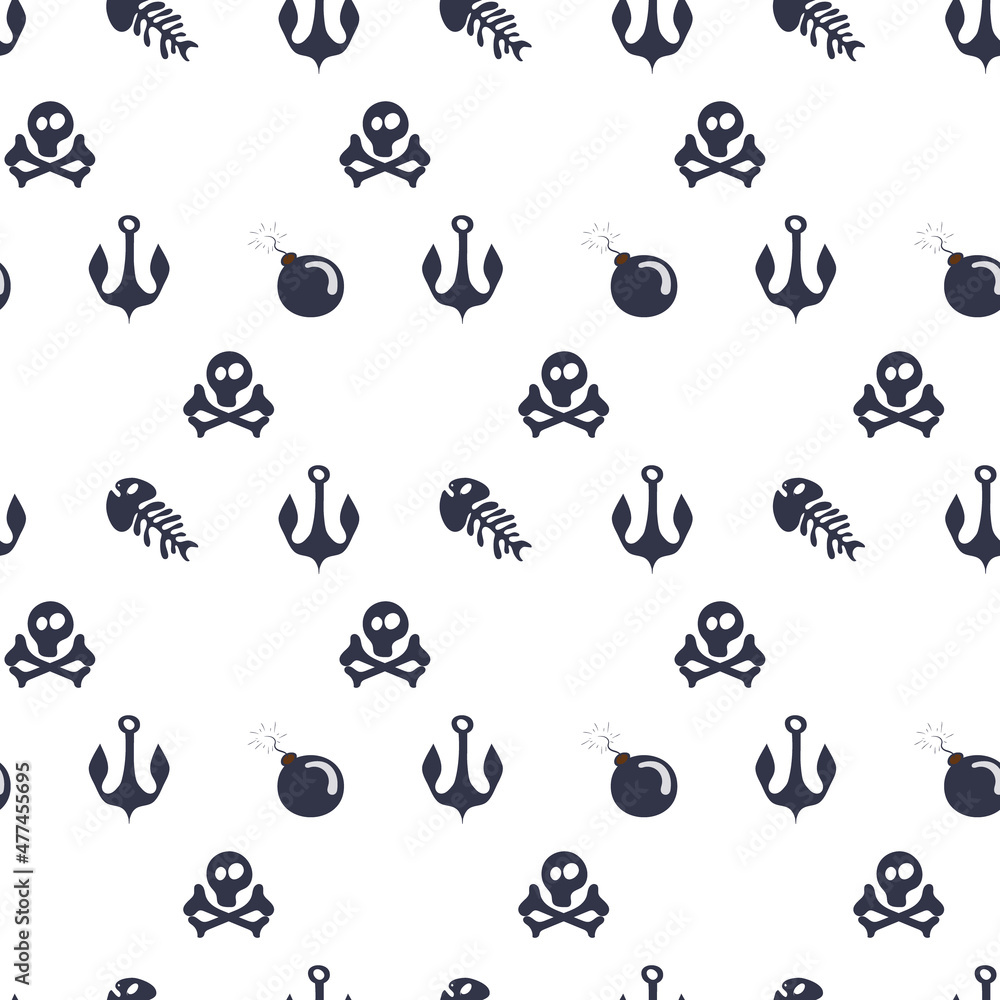 seamless pattern with skull, bones, fish skeleton, bomb and anchor seamless pattern with skull, bones, fish skeleton, bomb and anchor