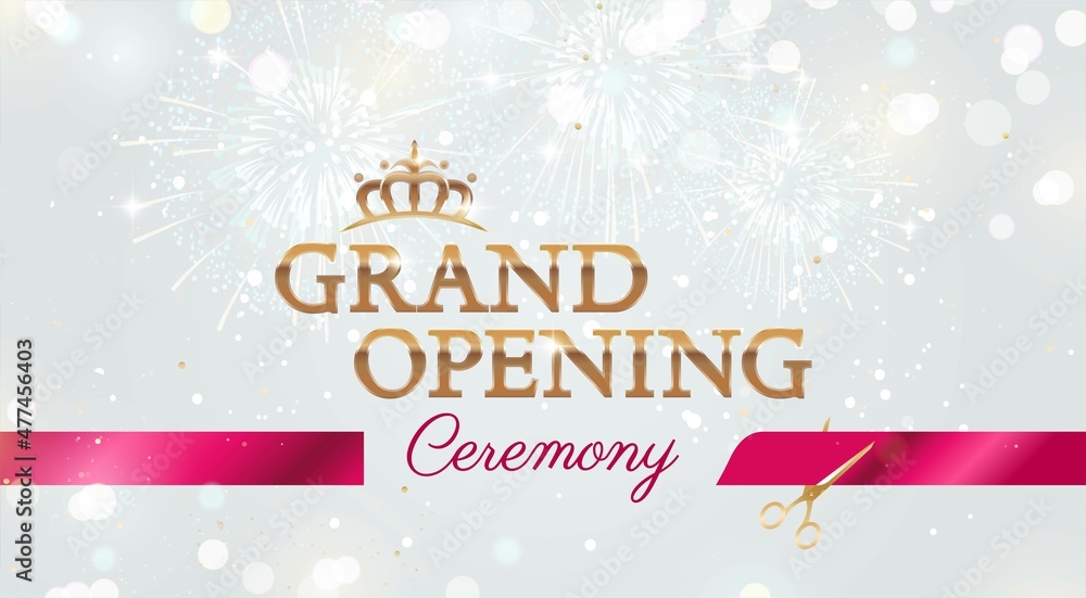 Grand opening background with silver fireworks and red ribbon. Ribbon cutting ceremony vector festive illustration.
