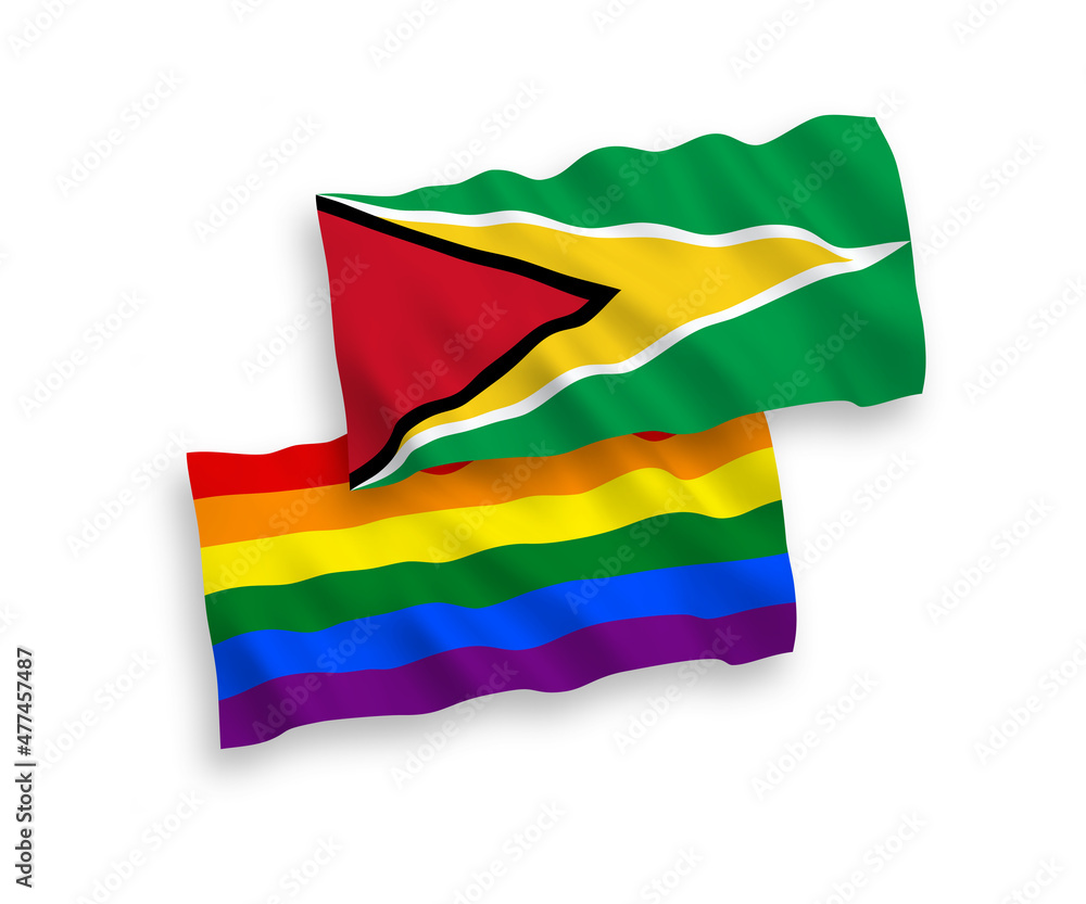 Obraz premium National vector fabric wave flags of Co-operative Republic of Guyana and Rainbow gay pride isolated on white background. 1 to 2 proportion.
