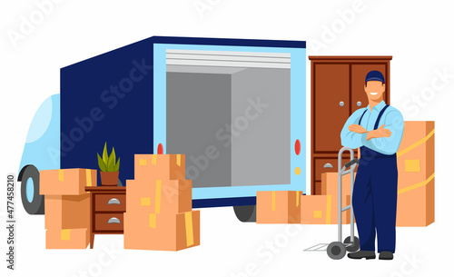 Smiling worker in uniform stands next to the trolley and holds his hands on his chest. Cardboard boxes, furniture and truck in the background. Relocation. Transport company. Vector illustration.