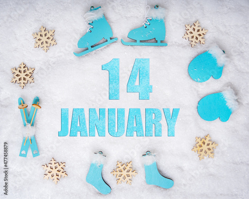 January 14th. Sports set with blue wooden skates, skis, sledges and snowflakes and a calendar date. Day 14 of month.