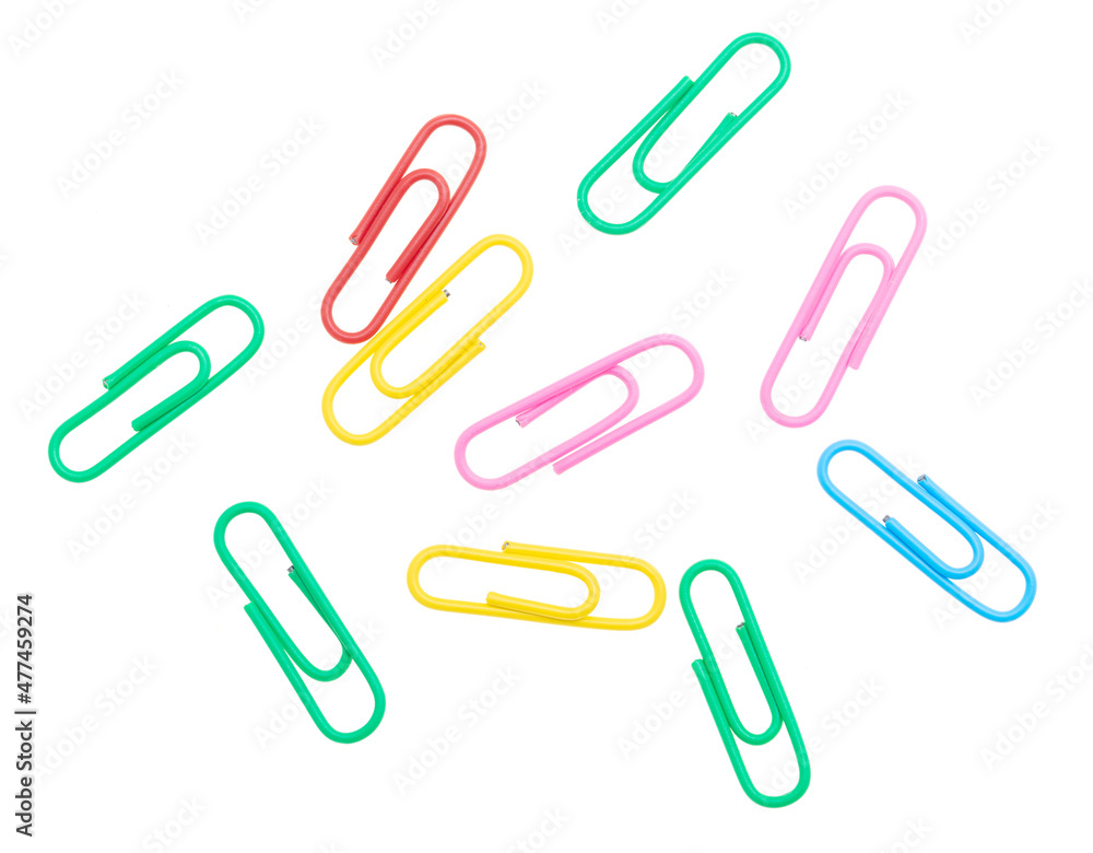 Multi-colored paper clips isolated on a white Multi-colored paper clips isolated on a white