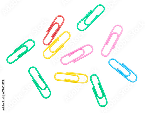 Multi-colored paper clips isolated on a white