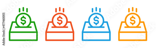 Donation box with dollar coin icon. Money crowdfunding symbol