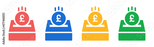 Donation box with pound coin icon. Money crowdfunding symbol