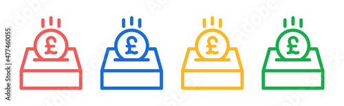 Pound coin in donation box icon. Charity symbol