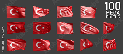 14 various realistic renders of Turkey flag isolated on grey background - 3D illustration of object