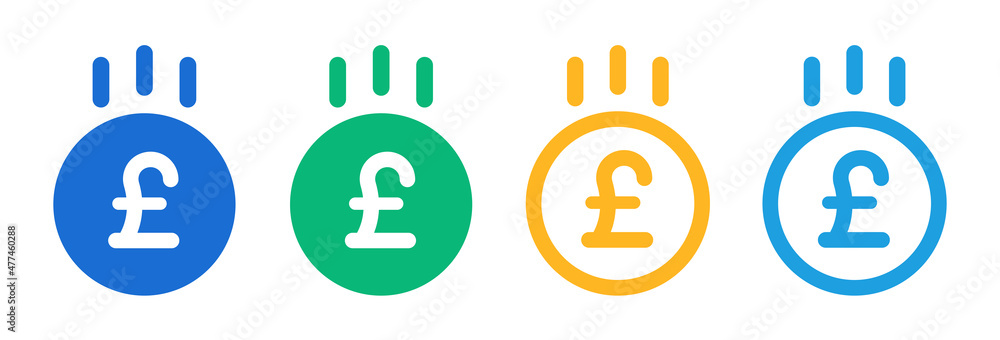 Pound coins falling icon in colorful design. Income and saving symbol Pound coins falling icon in colorful design. Income and saving symbol