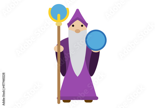 Mago con atuendo morado en fondo blanco.