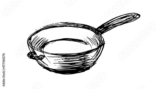 wok pan. hand drawn skororoda on a white background. kitchen utensils - vector illustration