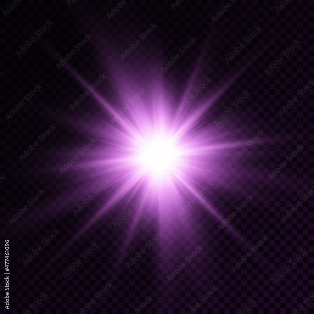 Purple glowing light star, violet burst sun rays.