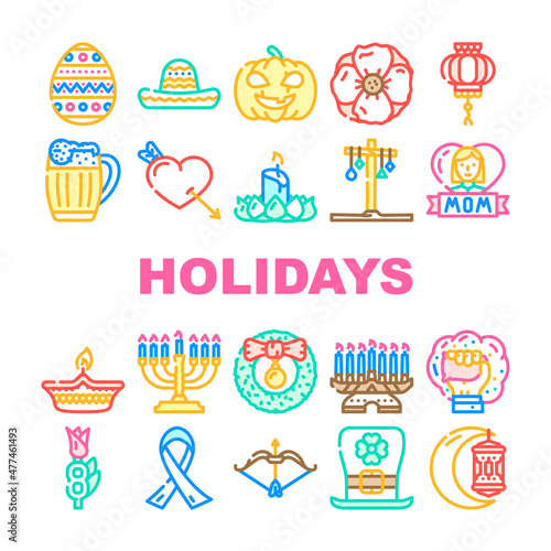 Holidays Celebration Accessories Icons Set Vector. Mother And 8th March International Women Day, Holi And Halloween, Christmas And Chinese New Year Celebrate Holidays Line. Color Illustrations