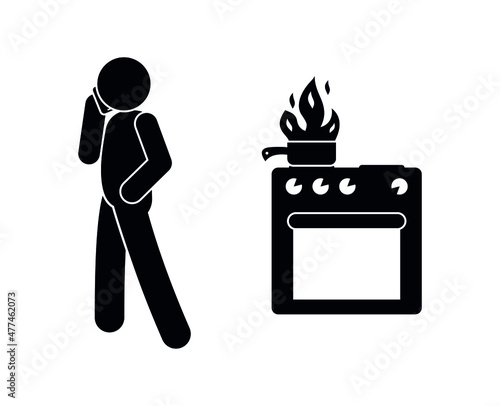 illustration of a fire in the kitchen, stick figure man icon, fire hazard situation, cook burned food