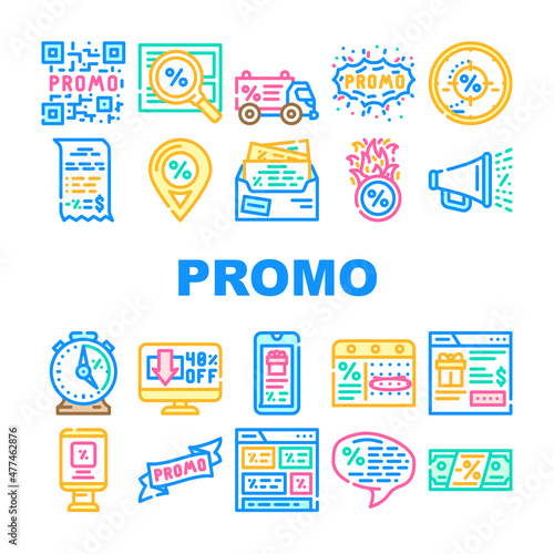 Promo And Advertising Coupon Icons Set Vector. Qr Code On Sale Discount And Newsletter With Advertise Messenger, Promo Street Banner And Promotional Ribbon Line. Color Illustrations
