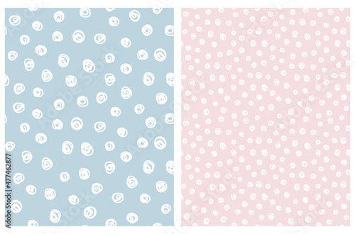 Simple Hand Drawn Irregular Dots Vector Patterns. White Circles on a Pastel Blue and Light Pink Background. Infantile Style Abstract Dotted Vector Print Ideal for Fabric, Textile, Cover.