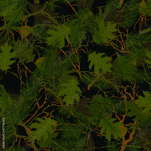 Forest camouflage. Tree branches, leaves, acorns, Christmas trees. Pattern for clothing, various products.