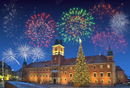 CGI of a firework show in Warsaw Old Town.