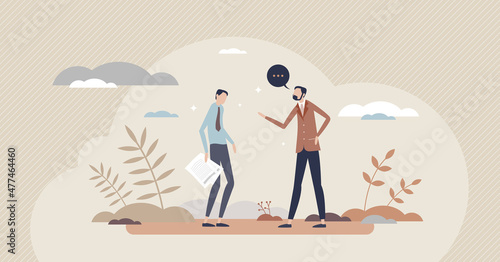 Reprimand after mistake or business problem situation tiny person concept. Boss yelling with aggressive attitude to employee or worker after blaming about errors vector illustration. Serious conflict.