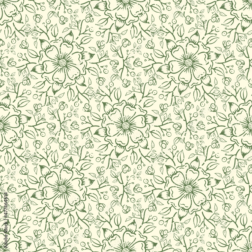 Fototapeta premium Medieval rose vector pattern seamless background. Intricate filigree lace style backdrop of hand drawn flower motifs. Grunge textured aged sage green cream white repeat. Botanical decorative design