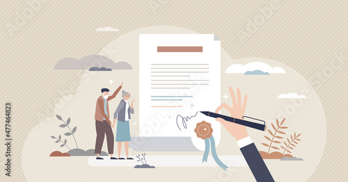 Testament and last wish property bequeath in old age tiny person concept. Pensioner retirement document about wealth inheritance with official document and official testamentary vector illustration.