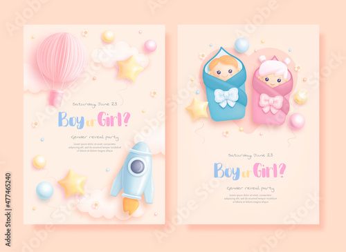 He or she. Boy or Girl. Set of cartoon gender reveal invitation template. Vertical banner with realistic toys and helium balloons. Vector illustration
