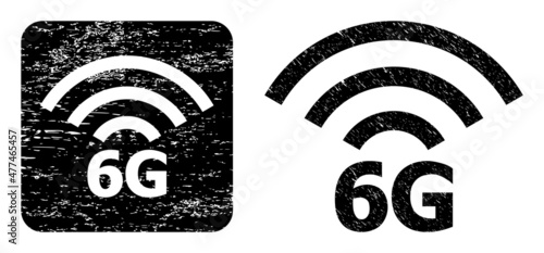 Vector 6G radio source carved icon. Grunge 6G radio source seal stamp, done from icon and rounded square. Rounded square stamp include 6G radio source empty space inside.