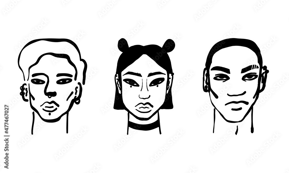 Contemporary teenagers with piercing and slits on eyebrows portraits, line art guy's and girl's faces. Contemporary teenagers with piercing and slits on eyebrows portraits, line art guy's and girl's faces.