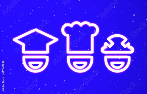 Chef, worker and graduate profile face neon special collection. Install the unique super bright neon linear smiley vector. Light burst. Design element linear neon icon. Great ad every night banner.