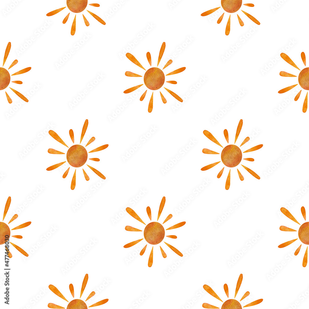 The sun. Watercolor pattern. Seamless pattern on a white background. The sun. Watercolor pattern. Seamless pattern on a white background.
