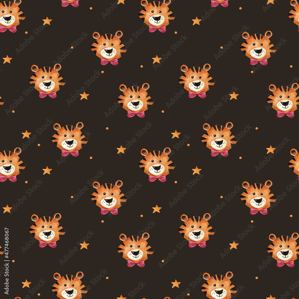 Cute Tiger. Watercolor pattern. Seamless pattern on a dark background.