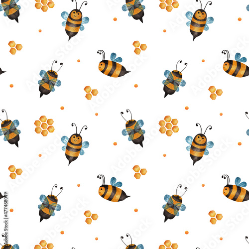 Lovely bees. Watercolor background. Seamless pattern on a white background.