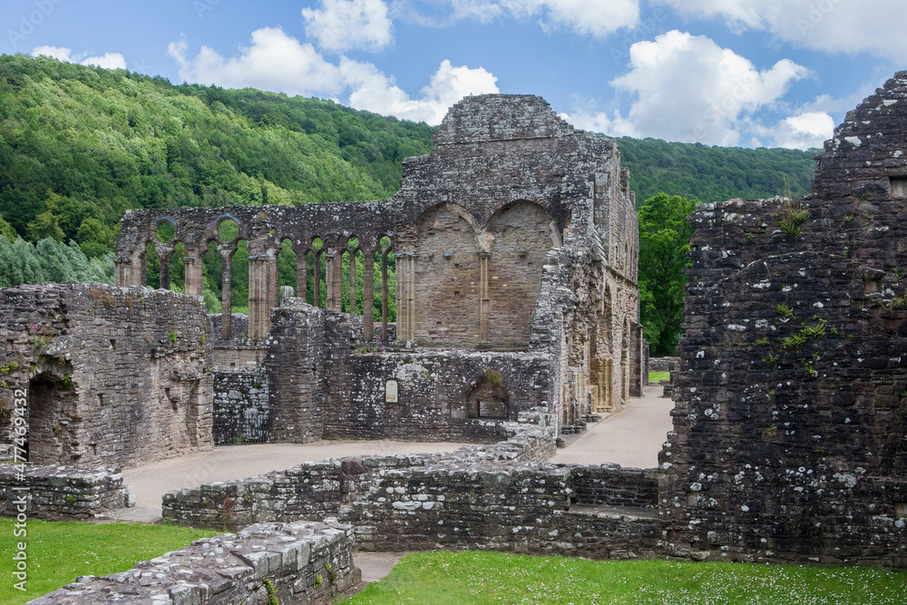Image of the remains and ruins of the famous Tintern Abbey in Monmouthshire, Wales. Landscape image with farm fields.
