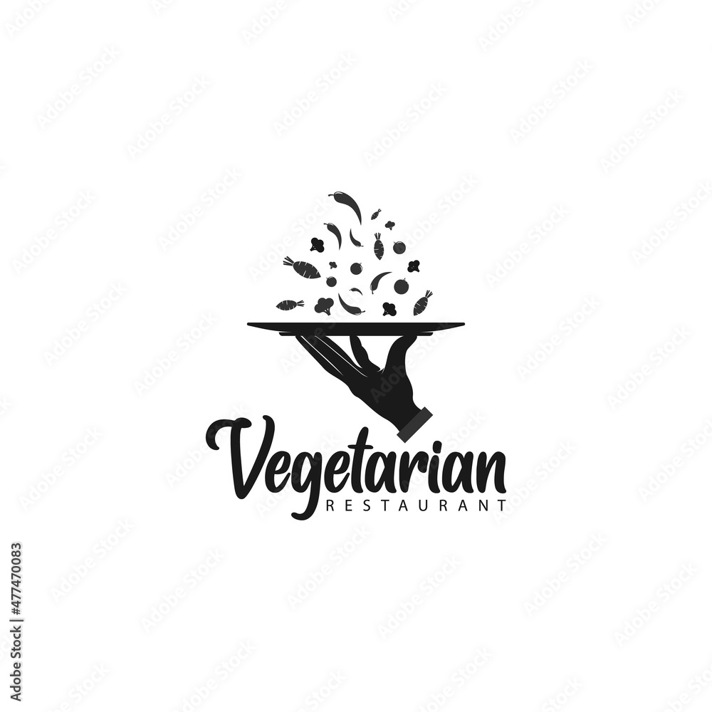 waiter Hand holding a tray with some vegetables, restaurant logo design waiter Hand holding a tray with some vegetables, restaurant logo design