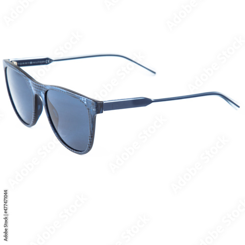 blue sunglasses frames on white background. Sun goggles and glasses for vision in blue frames. 