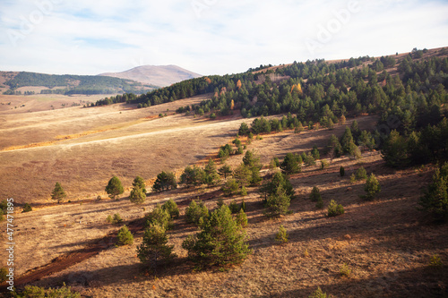 Beautiful nature landscape, autumn season. View on hills and fields. Amazing nature of Serbia.