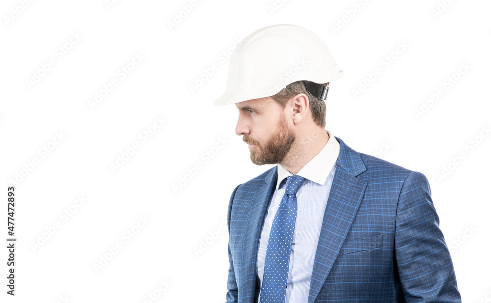 Serious and reliable engineer. Civil engineer isolated on white. Businessman in hardhat and suit
