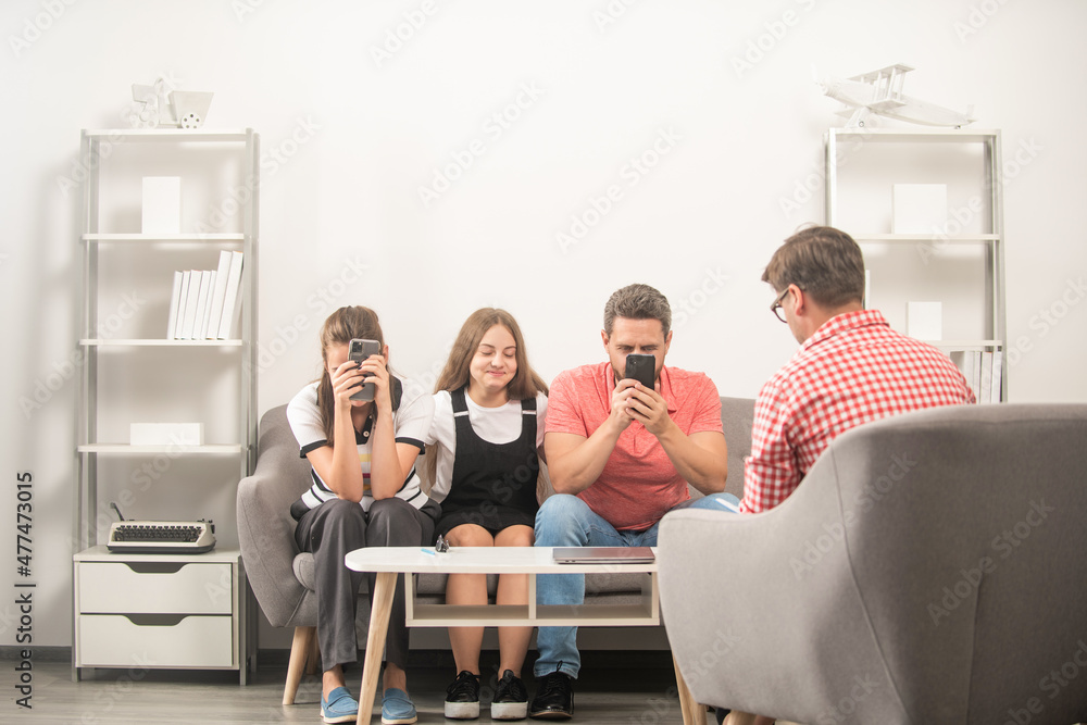 phone addicted mom dad and daughter. life insurance and adoption. parent-teacher meeting.
