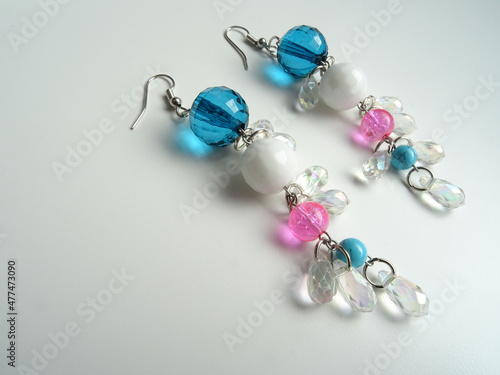 Blue, White and Pink Handmade Gemstone Earrings
