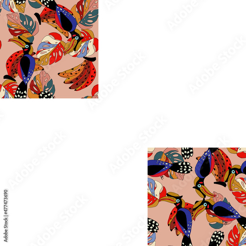 Trendy Tree Palm and Bird Vector Seamless
