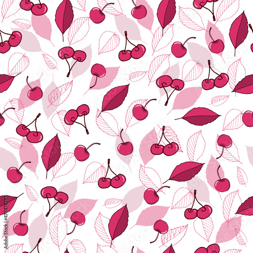 Hand-drawn seamless pattern with ripe cherries for seasonal backgrounds, fabric, templates, wallpaper, cards.