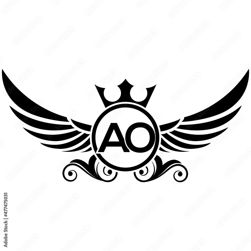 Obraz premium black wings icon, Luxury royal wing Letter AO crest Black color, White background