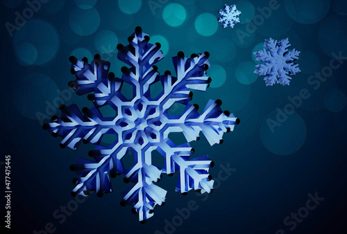 3d beautifully renderes snowflakes with shadow on dark blue bokeh background. New year and Christmas design elements